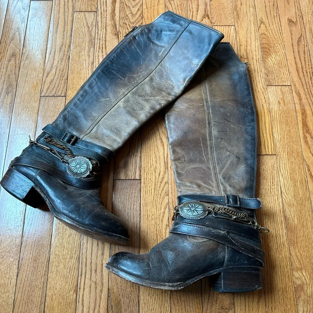 Freebird Aspen Chain Brown Leather Tall Knee High Zippered western Boots - Picture 4 of 6